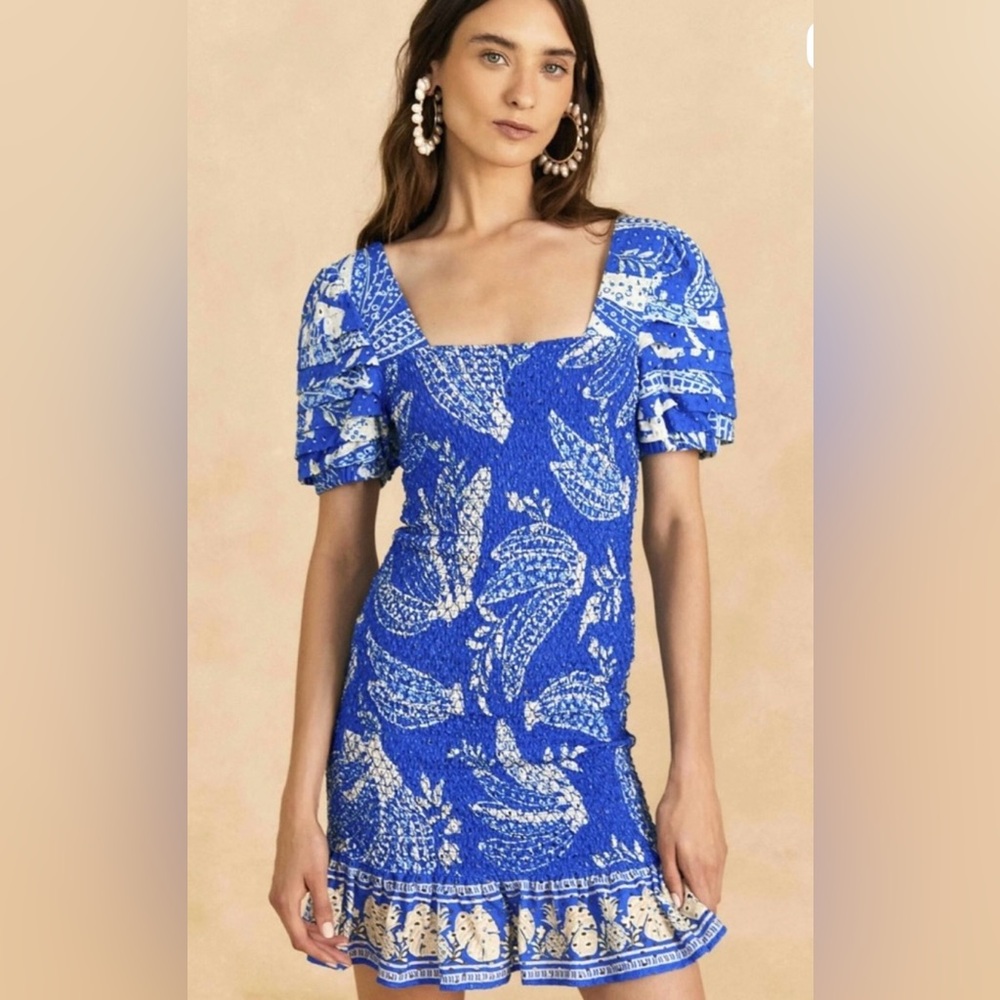 FARM Rio Blue and White Ruffled Tiered Mini Dress